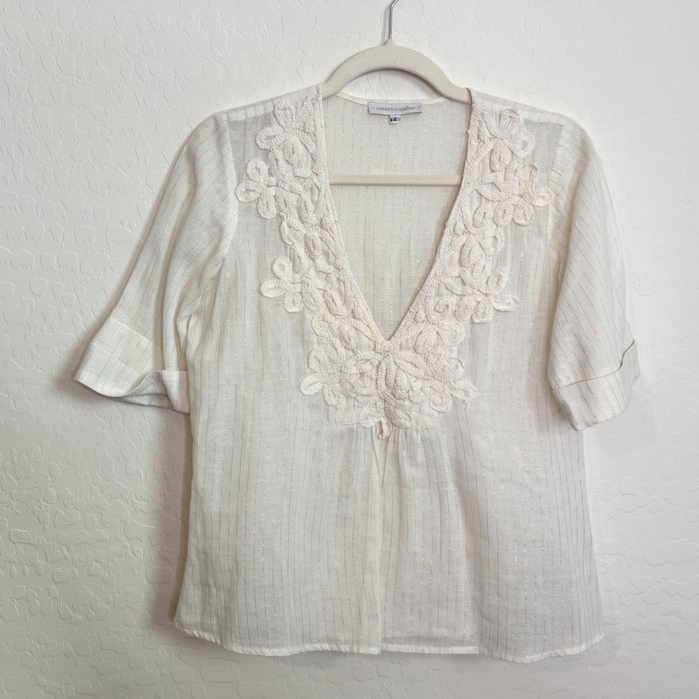 Corey‎ Lynn Calter Womens Cotton Blend Blouse 4 White Ethereal Boho Crochet